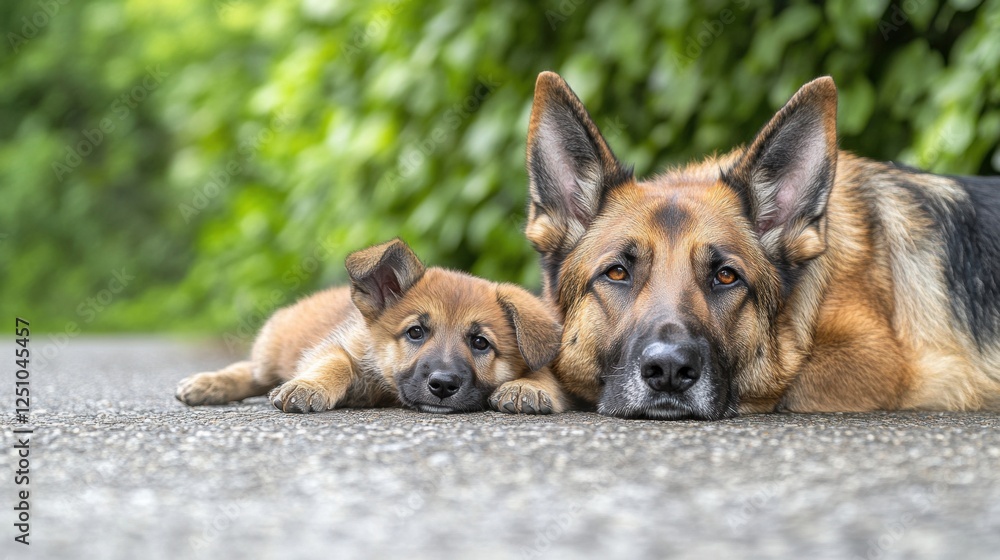 Adorable German Shepherd Puppy Cuddling with Adult Dog Outdoors