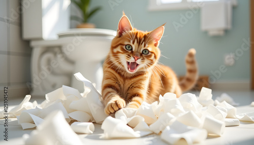 Playful cat making a mess on bathroom floor, kitten playing with toilet paper