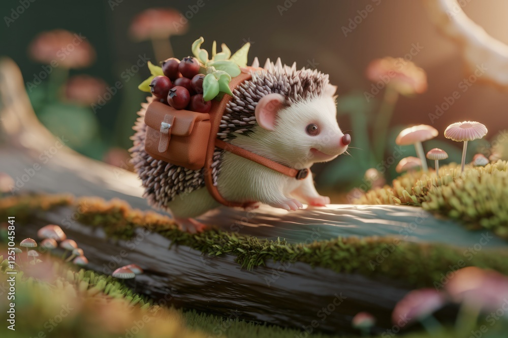 Fototapeta premium A cute hedgehog carrying a backpack full of berries walks on a mossy log in a whimsical forest.