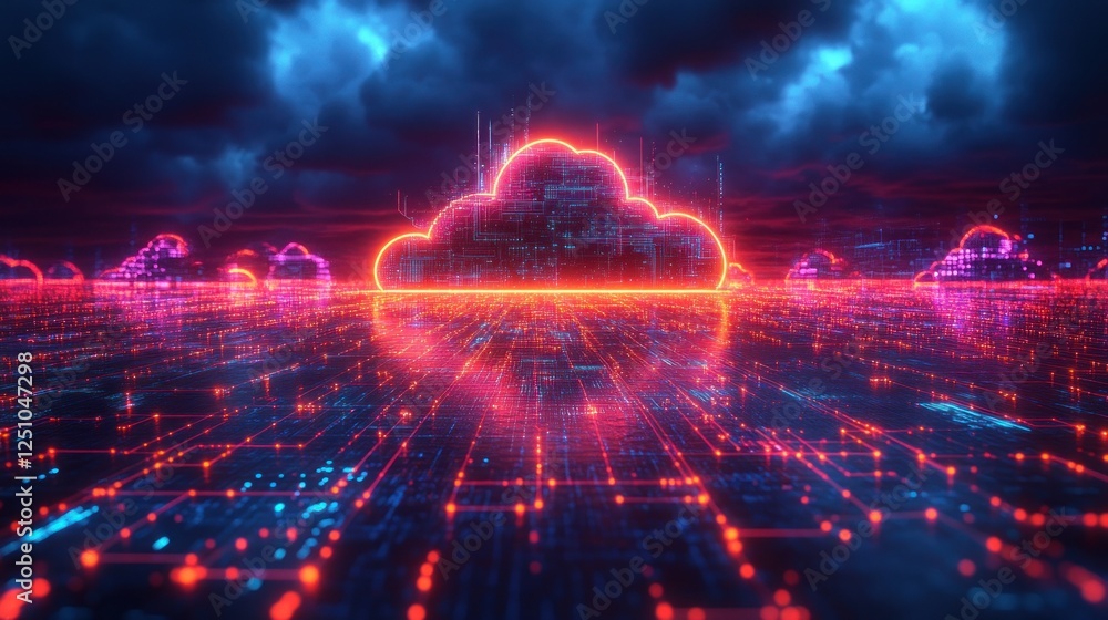Glowing Cloud Network Over Cityscape Glowing Cloud Network Over Cityscape