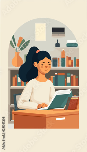 Young woman studying a book at a desk in a cozy library environment