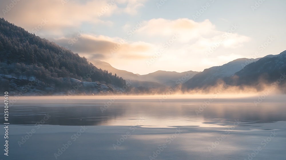 Fototapeta premium Serene Winter Sunrise Over Misty Mountain Lake