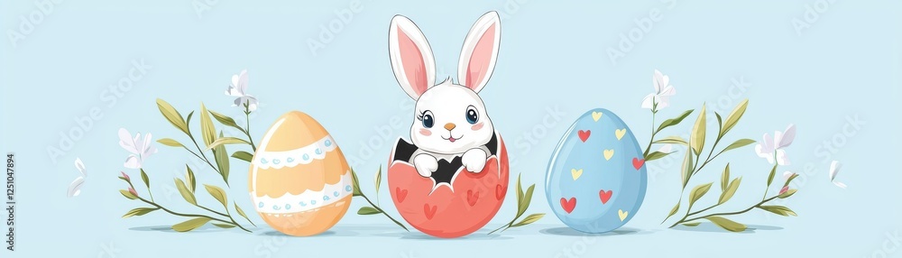 A charming illustration of a cute bunny surrounded by colorful Easter eggs, perfect for celebrating the festive spirit of Easter and springtime. A charming illustration of a cute bunny surrounded by colorful Easter eggs, perfect for celebrating the festive spirit of Easter and springtime.