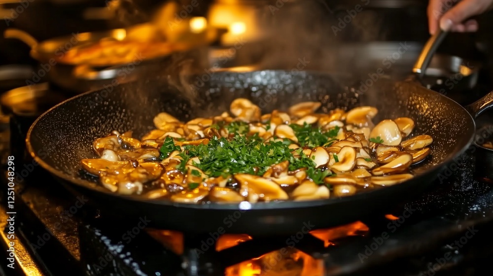 Close up of chef adding parsley to sizzling mushrooms in a hot pan Close up of chef adding parsley to sizzling mushrooms in a hot pan