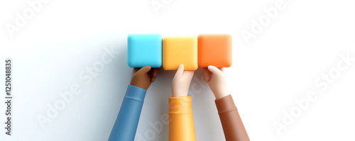 teamwork and unity collaboration 3D concept. Three hands reaching for colorful blocks on a white background.
