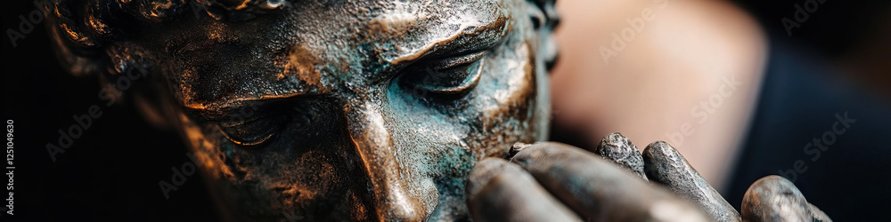 Close-up of Bronze Sculpture: Male Figure in Contemplation Close-up of Bronze Sculpture: Male Figure in Contemplation