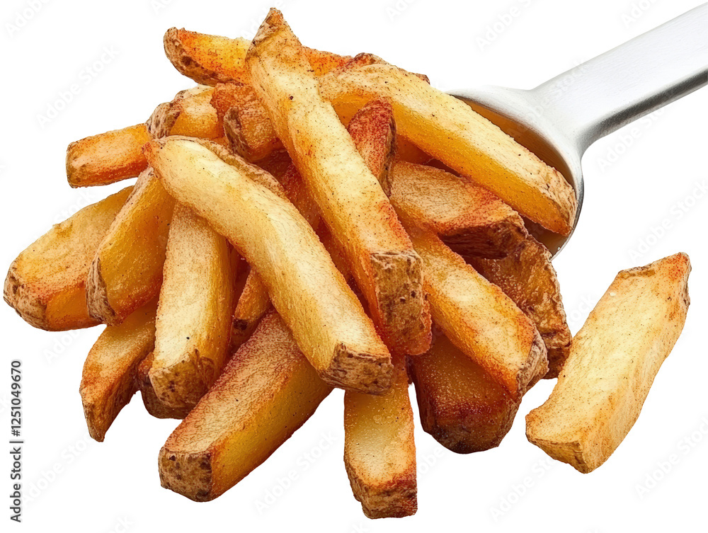 Isolated Spoonful of Rustic, Golden-Fried French Fries Isolated Spoonful of Rustic, Golden-Fried French Fries