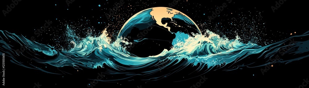 A stunning visual representation of the Earth surrounded by waves, illustrating the beauty and power of nature. Perfect for environmental themes. A stunning visual representation of the Earth surrounded by waves, illustrating the beauty and power of nature. Perfect for environmental themes.