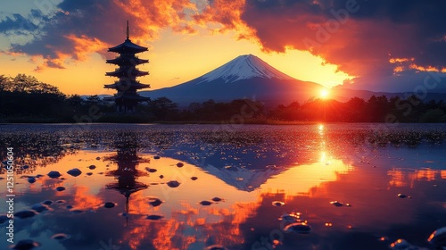 A picturesque scene featuring a traditional Japanese pagoda with five tiers, photo