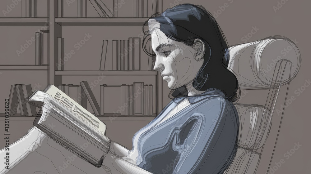 Obraz premium A woman engrossed in reading a book, relaxing in a comfortable chair in a library setting.