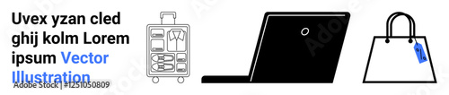 Travel suitcase with organized compartments, sleek laptop, and stylish shopping bag with blue tag. Ideal for travel, business, e-commerce, lifestyle, retail, minimalism flat landing page banner