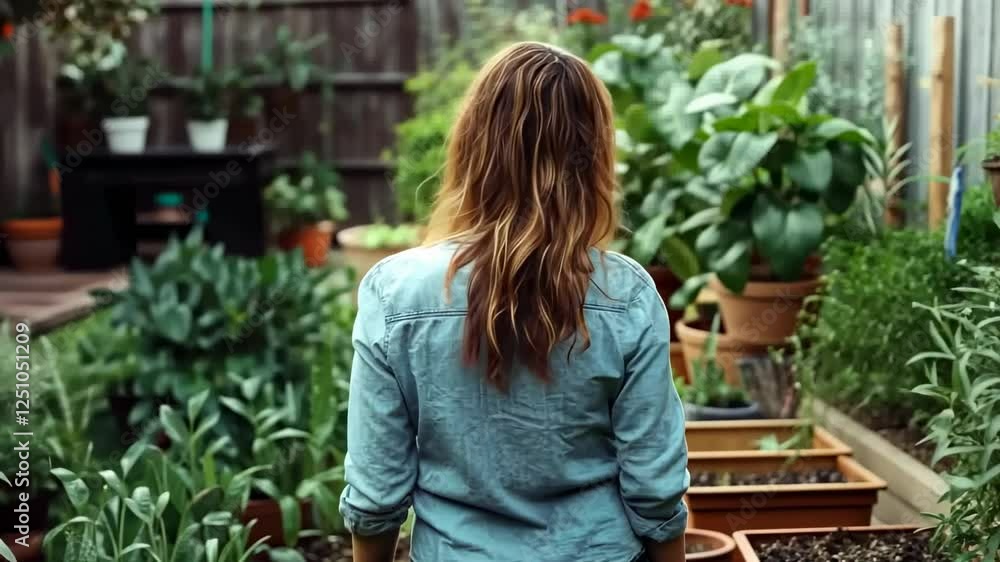 Woman admiring backyard herb garden, peaceful patio background Woman admiring backyard herb garden, peaceful patio background