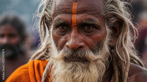 Intense close-up of a sadhu amidst the vibrant atmosphere of Kumbha Mela.
