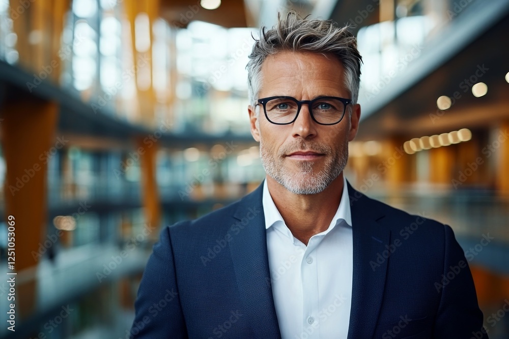 Fototapeta premium Professional man poses confidently in modern office setting with bright natural light and contemporary architecture