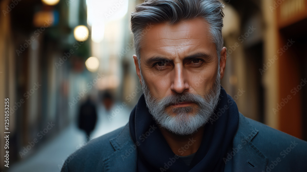 Portrait of handsome confident gray-haired middle-aged man with beard on city street background Portrait of handsome confident gray-haired middle-aged man with beard on city street background