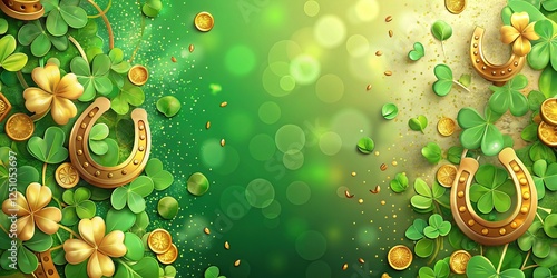 Happy St. Patrick's Day Vertical Banner: Shamrock, Horseshoe, Gold Coins