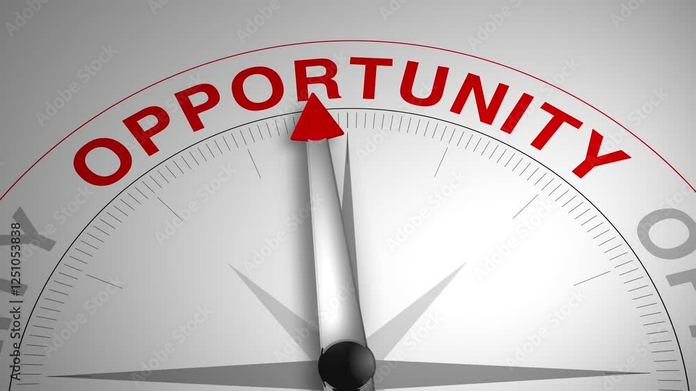Opportunity text or word with a gauge arrow on a compass, representing guidance and direction on a clean white background. Ideal for business, coaching, consulting, and concept Opportunity text or word with a gauge arrow on a compass, representing guidance and direction on a clean white background. Ideal for business, coaching, consulting, and concept