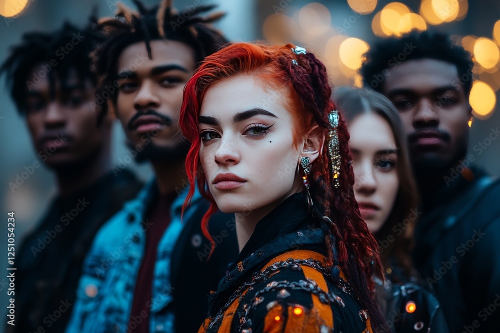 Group of young adults showcasing diverse styles and expressions at dusk in a bustling urban setting Group of young adults showcasing diverse styles and expressions at dusk in a bustling urban setting