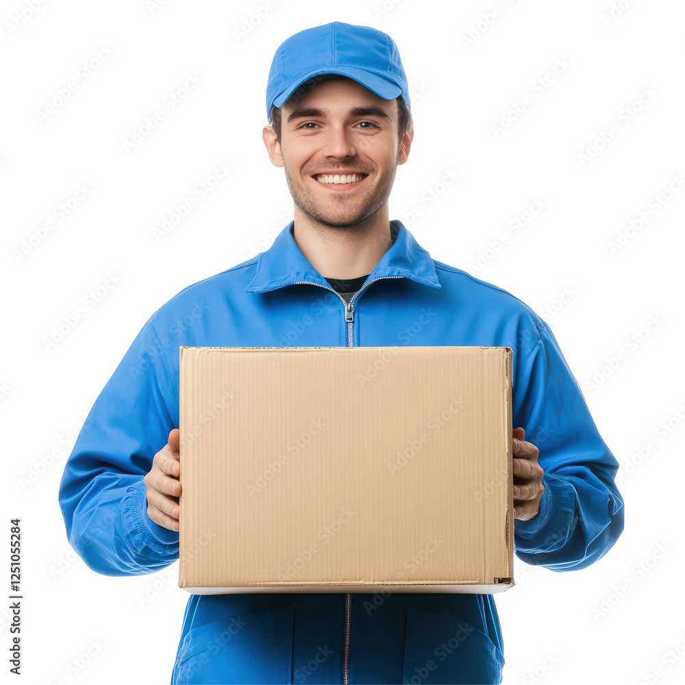 Isolated Delivery Man Holding Cardboard Box with Smiling Face Isolated Delivery Man Holding Cardboard Box with Smiling Face