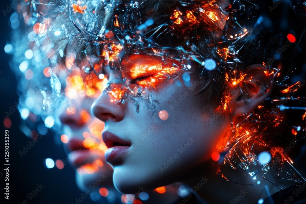 Unique artistic portrayal of human emotion with glowing elements and a surreal backdrop at nighttime Unique artistic portrayal of human emotion with glowing elements and a surreal backdrop at nighttime