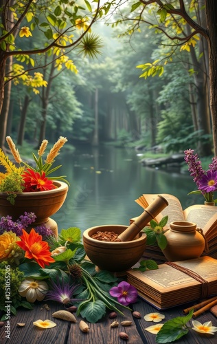 Serene Ayurvedic Healing Setup in Nature – Herbal Remedies and Ancient Wisdom