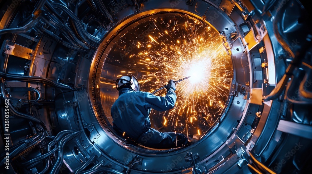 Obraz premium A man is working in a large, open space with sparks flying around him