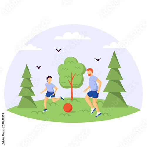 father son playing soccer concept, Dad and Boy play the Friendly football Match vector design, Love romance banner, Dadys Valentines Day Scene, human relationship stock illustration