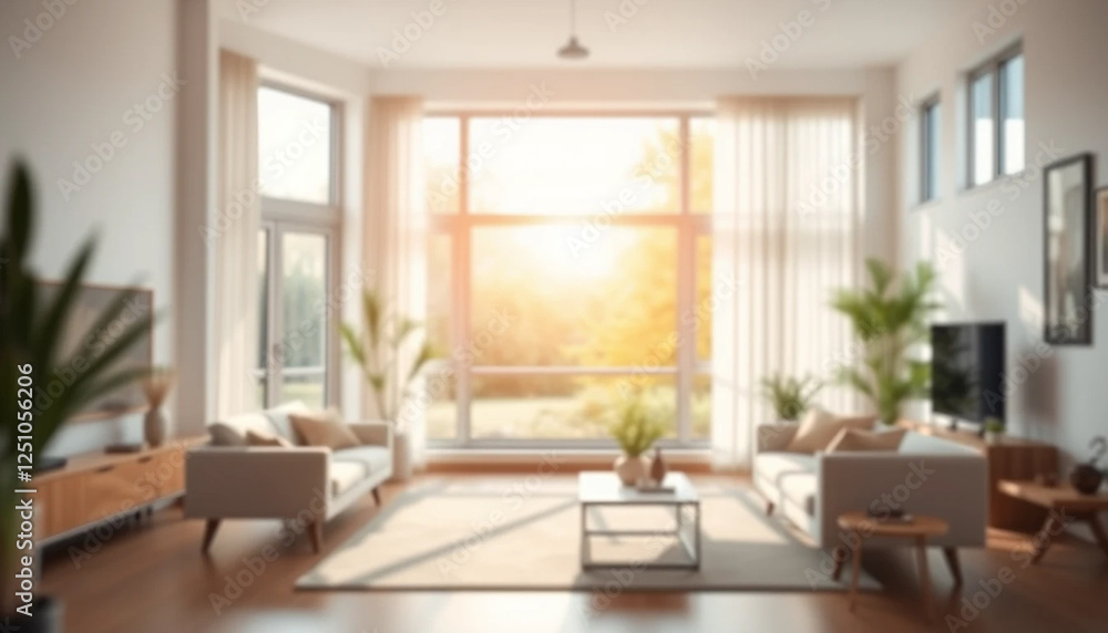 Fototapeta premium Softly blurred bright home interior with warm sunlight streaming through large windows.