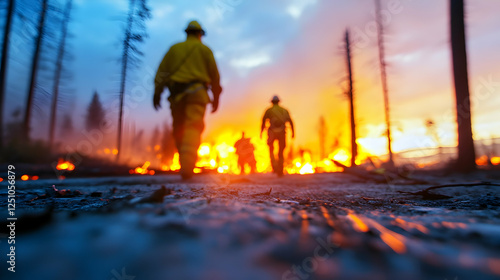 Firefighters bravely confront a raging wildfire as vibrant flames illuminate the dusky sky photo