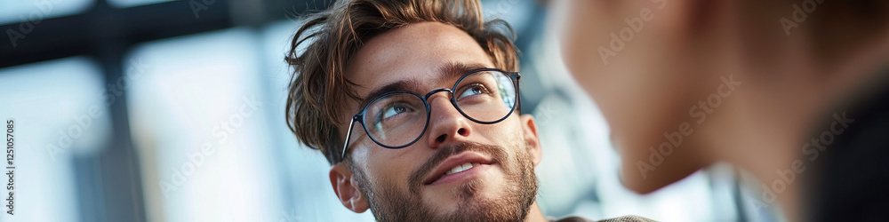 Man with Glasses Looking Upward in Office Setting Man with Glasses Looking Upward in Office Setting