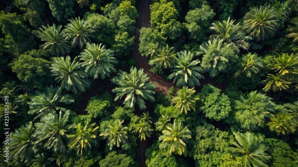 Aerial View of Lush Tropical Forest with Palm Trees and Scenic River in Vibrant Natural Habitat Aerial View of Lush Tropical Forest with Palm Trees and Scenic River in Vibrant Natural Habitat
