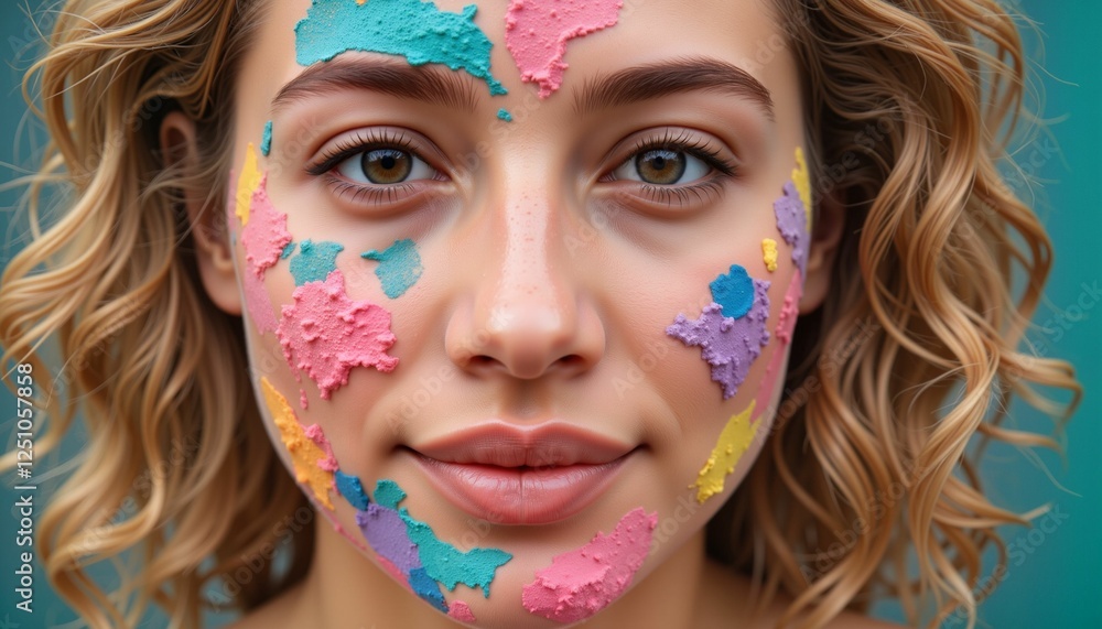 Obraz premium Young woman with colorful face mask smiling against green background