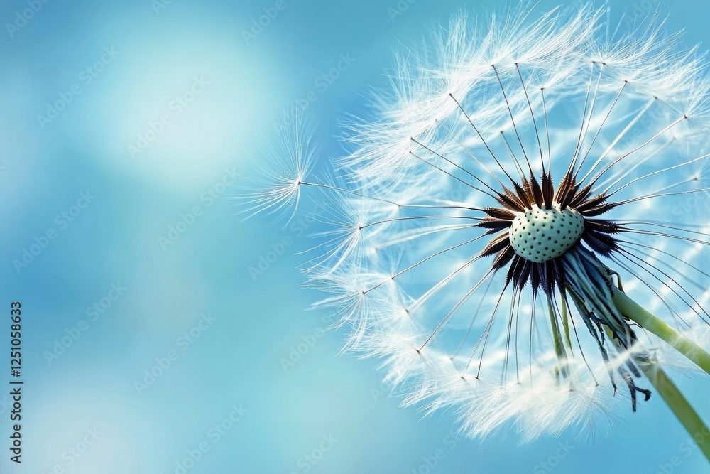 Dandelion seeds float in the gentle breeze under a clear blue sky during springtime Dandelion seeds float in the gentle breeze under a clear blue sky during springtime
