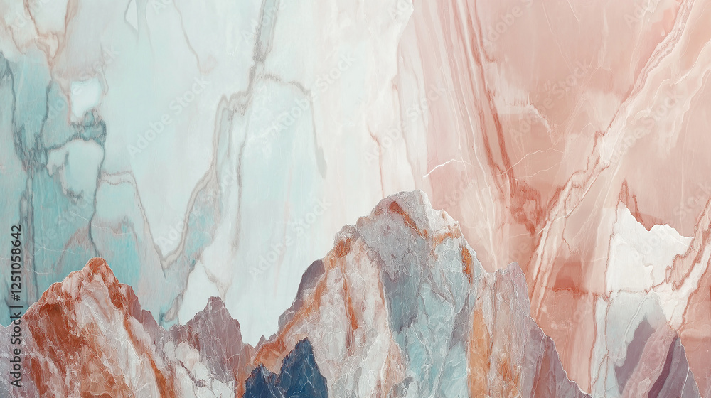 Fototapeta premium Pastel colors blend seamlessly in a dreamy landscape, where an abstract marble texture meets majestic mountain peaks, creating a serene and captivating scene