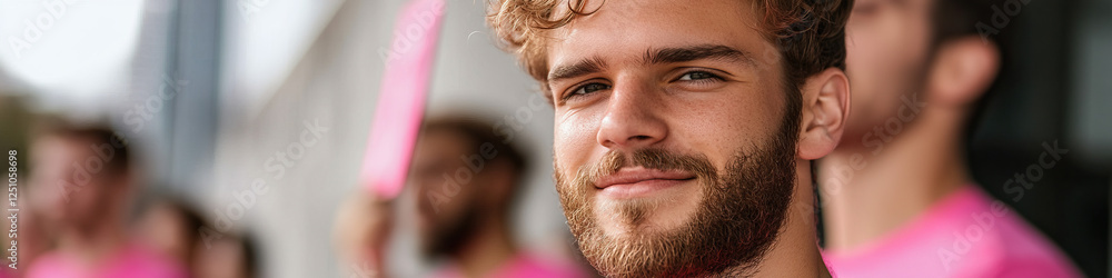 Obraz premium Portrait of Young Man with Beard and Curly Hair, Wearing Pink Shirt