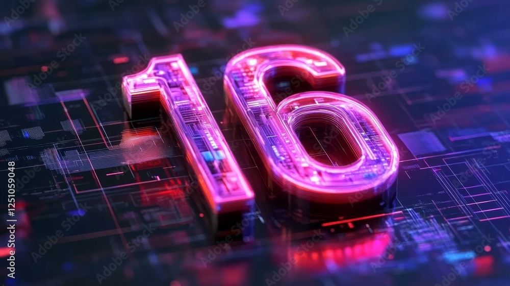 Glowing Digital 3D Number 16, Futuristic Style on an Abstract Circuit Board Background Glowing Digital 3D Number 16, Futuristic Style on an Abstract Circuit Board Background