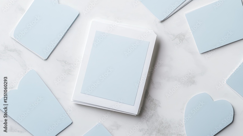 Fototapeta premium Minimalist stationery mockup with pale blue cards on marble background