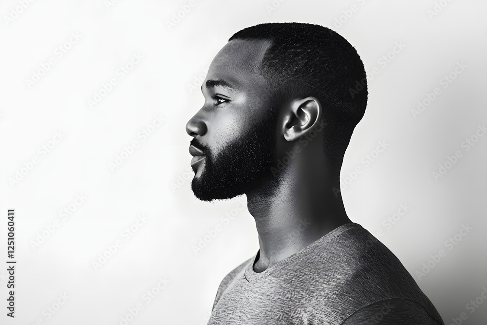 A handsome Black man with a beard and short hair, wearing a grey T-shirt, against a white background A handsome Black man with a beard and short hair, wearing a grey T-shirt, against a white background