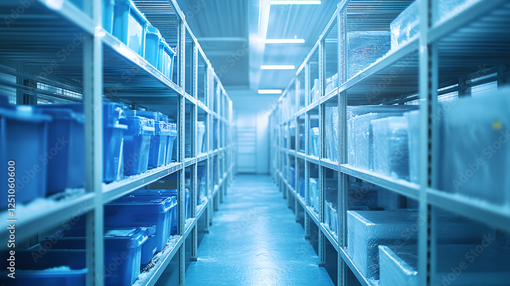 Endless storage. Rows of containers on shelves in warehouse or storage facility. Tidy and organized, bathed in cool bluish light. Efficient space management. Endless storage. Rows of containers on shelves in warehouse or storage facility. Tidy and organized, bathed in cool bluish light. Efficient space management.