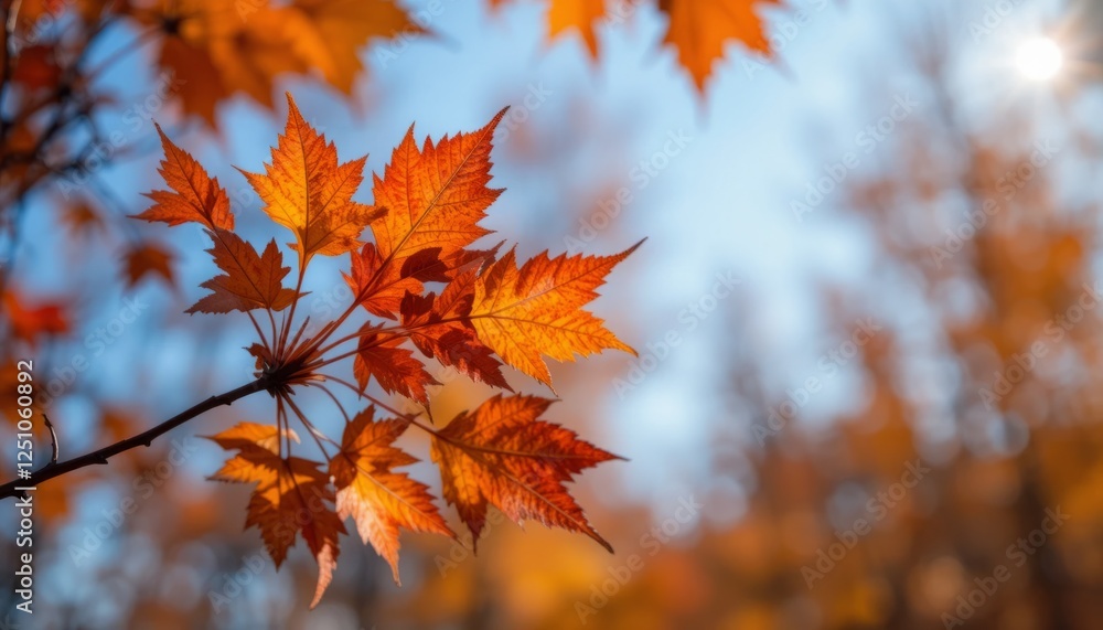 Vibrant Red and Orange Maple Leaves Against a Clear Blue Sky Vibrant Red and Orange Maple Leaves Against a Clear Blue Sky
