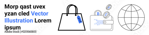 Shopping bag with tag, wallet emitting cryptocurrency, globe. Ideal for finance, crypto, online shopping, e-commerce, global trade, technology digital marketplace flat landing page banner