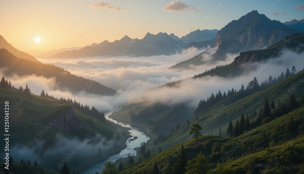 Obraz premium Serene Mountain Landscape at Sunrise with Mist and River Views