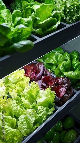 Fresh lettuce varieties growing in modern hydroponic system with water circulation. Green and purple leaves in vertical garden setup for sustainable agriculture. photo