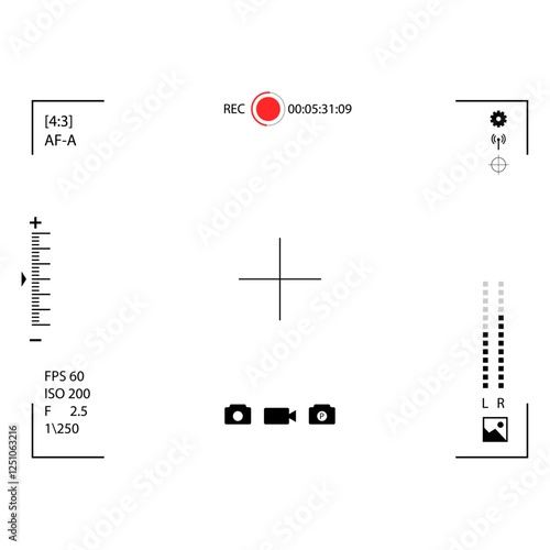 Video capture shooting camera, clarity photography and snapshot, lens device and focus, shoot and shutter picture illustration, camcorder interface vector