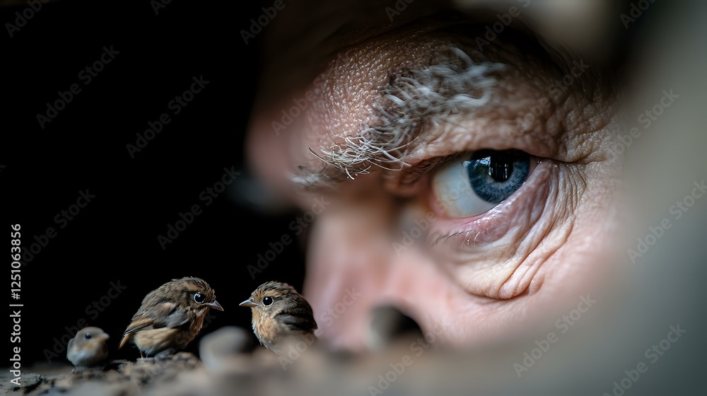Close-up macro shot of blue eye watching small sparrow birds through blurred foreground, creating mysterious atmospheric composition with selective focus and depth of field. Close-up macro shot of blue eye watching small sparrow birds through blurred foreground, creating mysterious atmospheric composition with selective focus and depth of field.