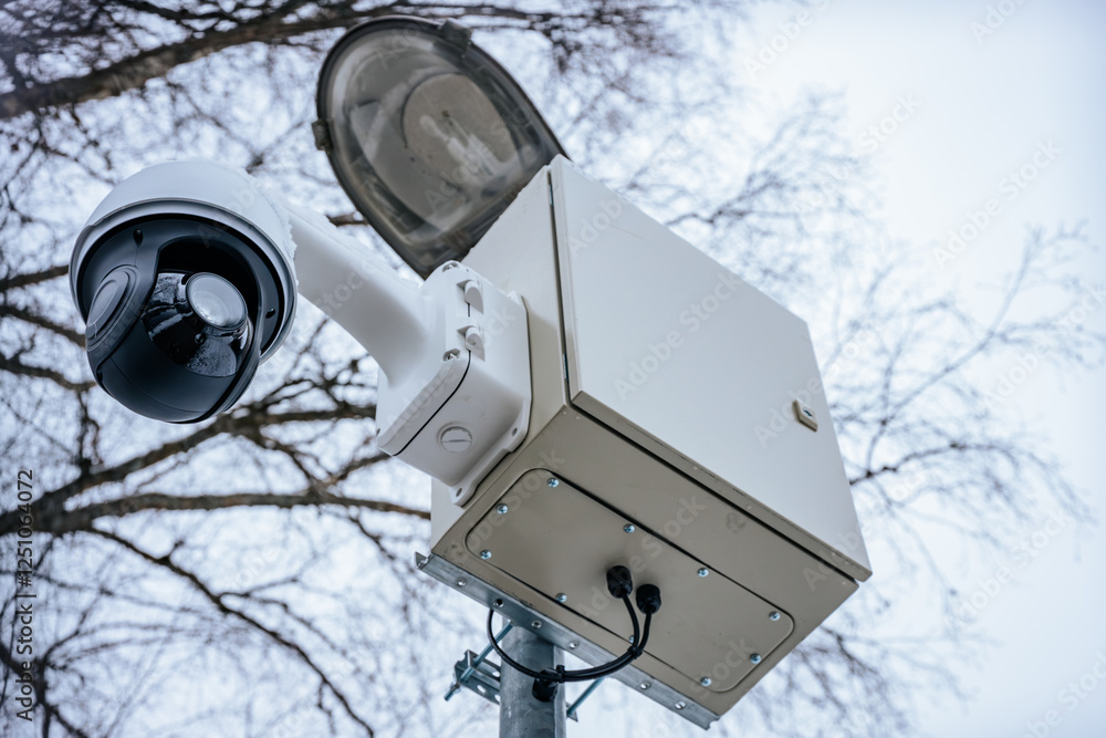 A close-up of a security camera covered in snow, mounted on a metal pole with a control box. Bare tree branches are visible in the background, indicating a winter setting.