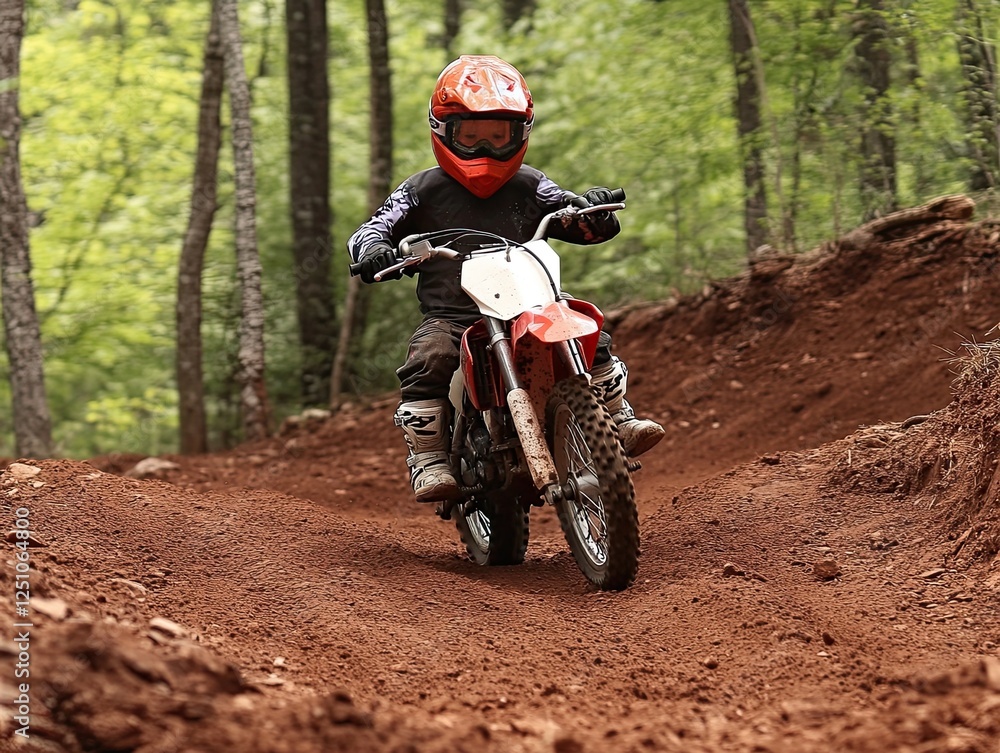 Young Dirt Bike Rider Navigating a Challenging Trail in a Lush Forest Young Dirt Bike Rider Navigating a Challenging Trail in a Lush Forest