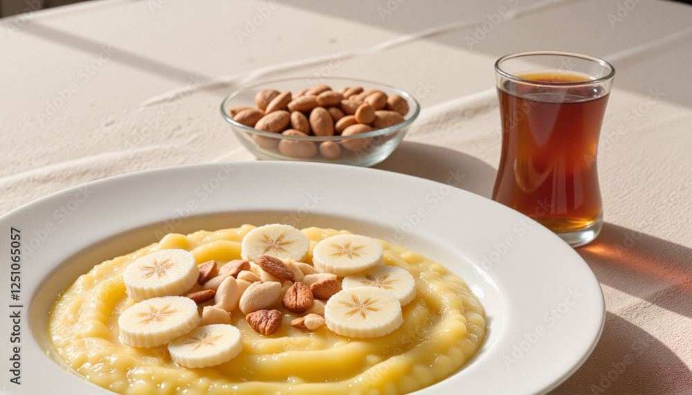 Delicious cornmeal porridge topped with banana slices and nuts, enjoyed with tea in morning light Delicious cornmeal porridge topped with banana slices and nuts, enjoyed with tea in morning light