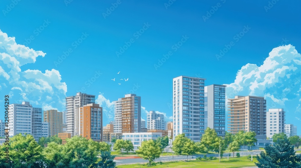 Sunny city skyline, green park, summer day, urban landscape, website banner Sunny city skyline, green park, summer day, urban landscape, website banner