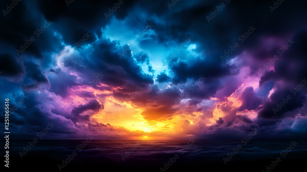 Dramatic sunset sky with vibrant clouds in blue, purple and orange colors over dark horizon, moody atmospheric cloudscape with glowing sunlight breaking through. Dramatic sunset sky with vibrant clouds in blue, purple and orange colors over dark horizon, moody atmospheric cloudscape with glowing sunlight breaking through.